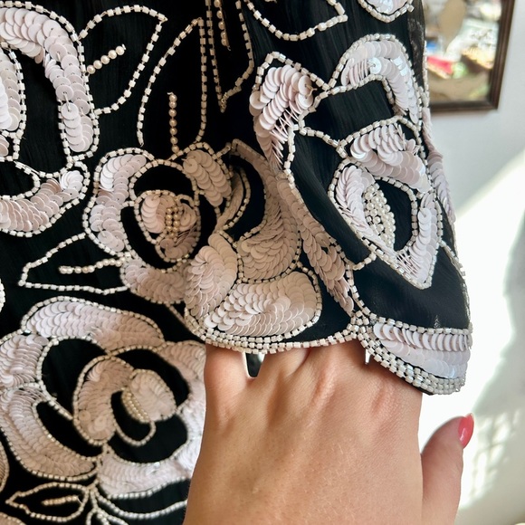 Vintage 1980s Black Silk Beaded Floral Top – Hand Beaded Sequin Evening Blouse - Picture 5 of 8